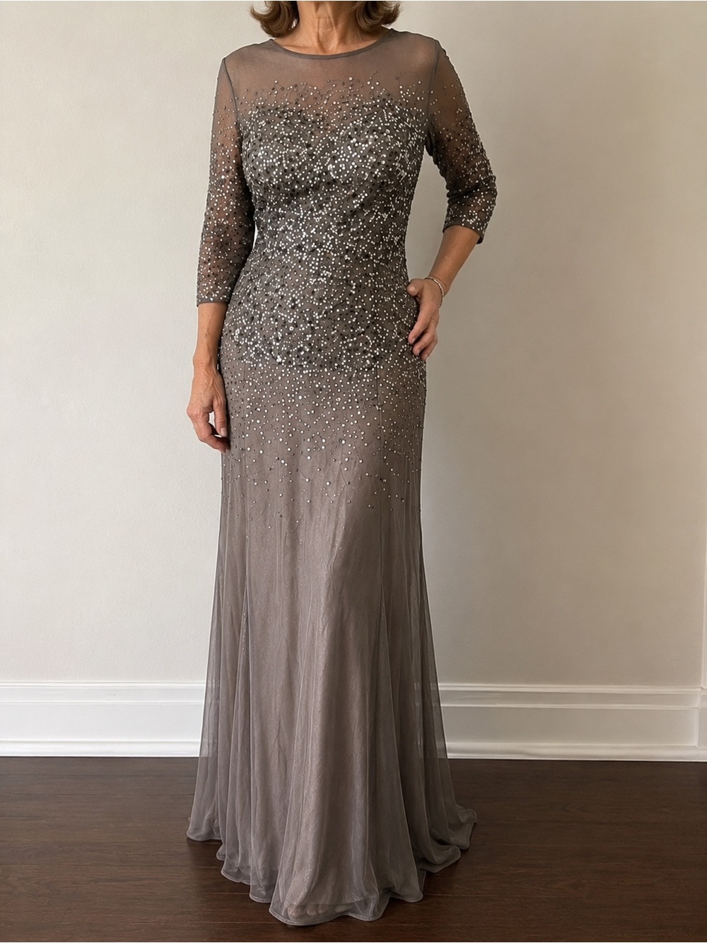Adriana Papell Embellished Taupe Evening Gown - Elegant Long Dress